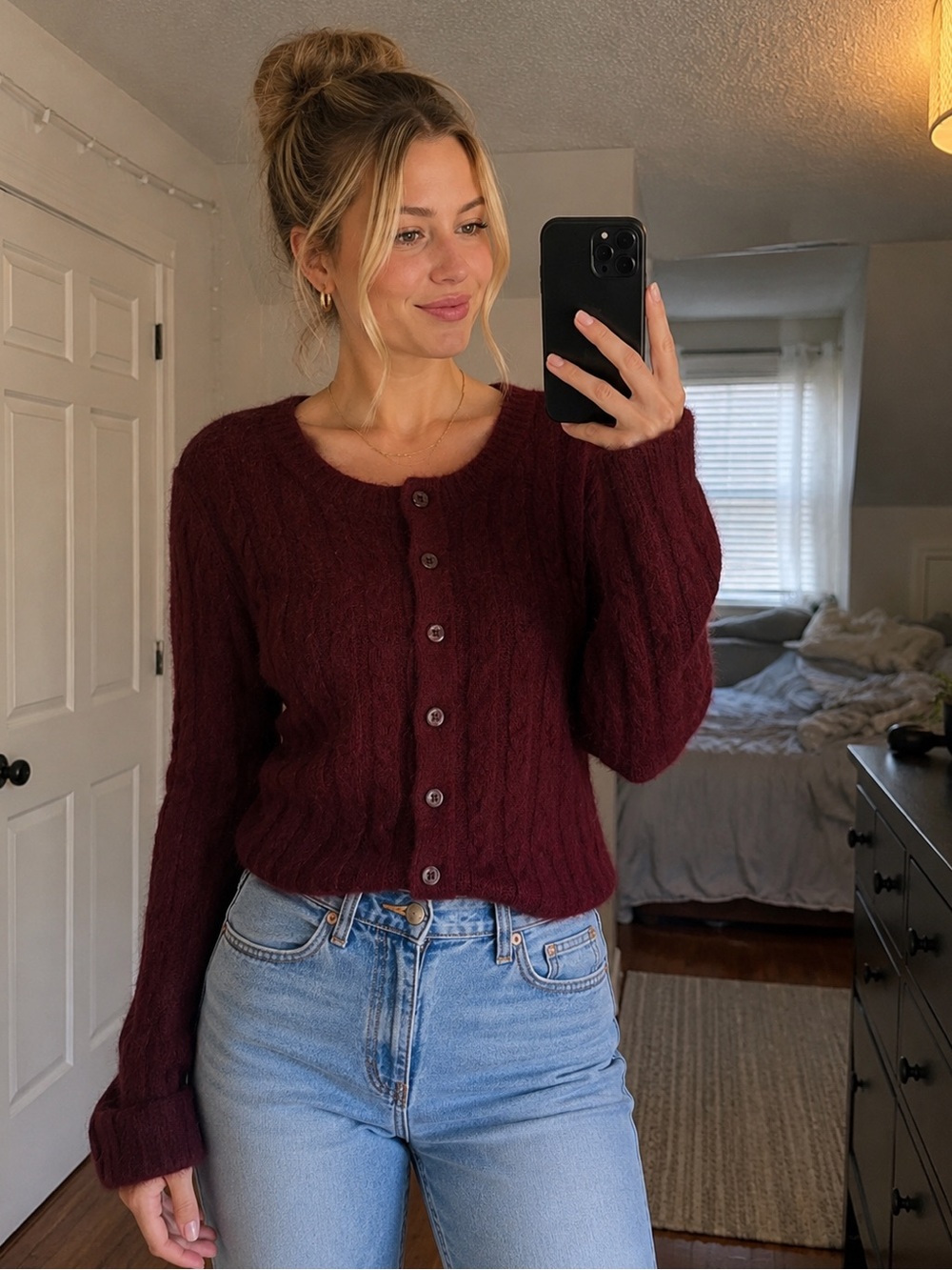wild fable Burgundy Cable Knit Button-Front Cardigan
